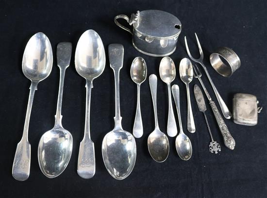 Four Victorian silver tablespoons, a silver mustard and ten other items including a vesta case, napkin ring and small spoons.